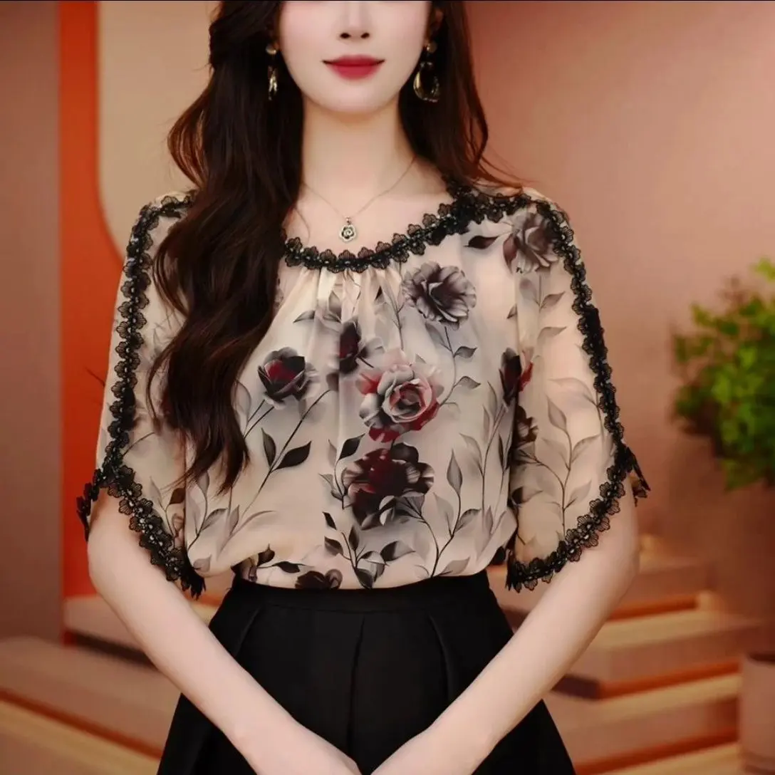 Áo Cánh Ren, Thiết Kế Thời Trang Và Thanh Lịch, Dáng Rộng Vừa Vặn, Tay Ngắn, Cỡ Nhỏ Áo Cánh Ren Cổ Bẻ, Thích Hợp Cho Mùa Hè 2024 Nữ Top Women Cổ Tròn Tua Rua