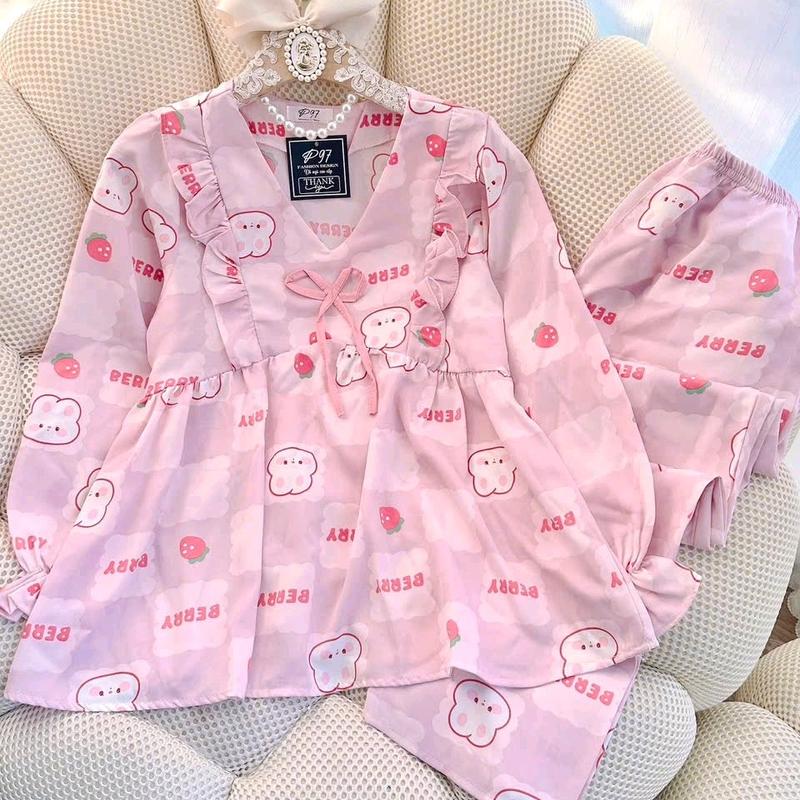 Đồ Bộ Mặc Nhà Dành Cho Nữ - Áo Babydoll Dài Quần Dài Có Túi,  Chất Vải Lụa Mango Mềm Mát Dễ Thương, Quần Có Túi Form Dưới 60kg Dài set ngủ tay phồng Nhung Tua Rua Dài Tay