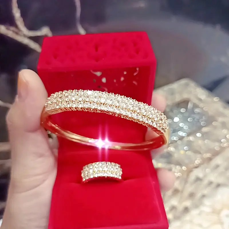Set Gelang Cincin Berlian Gold Pelapisan Logam Permata Zicronia Cooper Alloy - Fashion Style - Kulit, Perhiasan 0