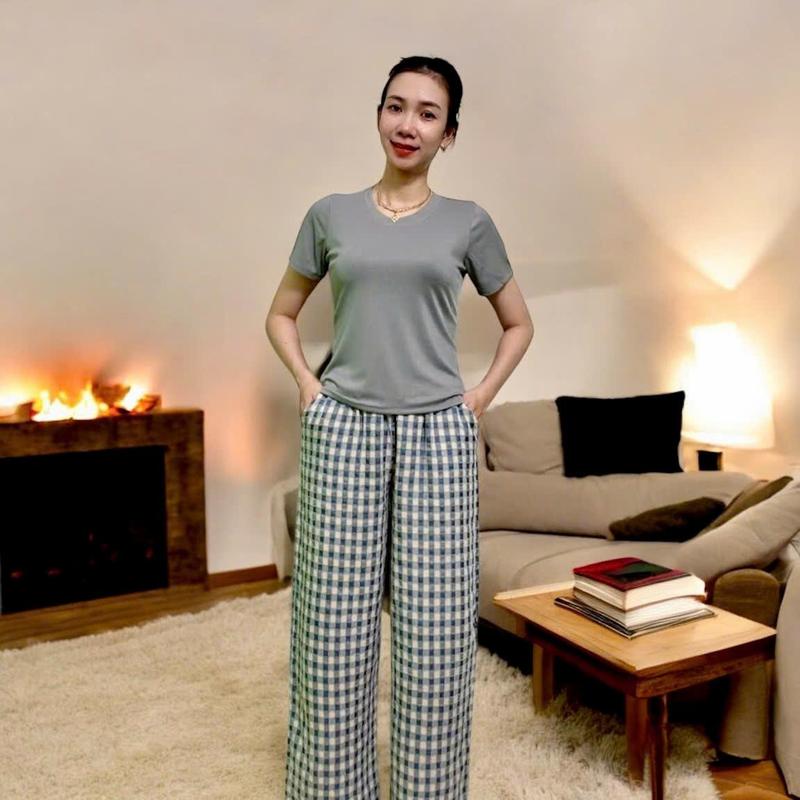 T151 Đồ bộ thun nữ Áo thun Cổ tròn Tay Ngắn phối Quần Suông rộng 5