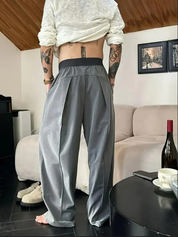 Men's Solid Color Wide Leg Pants, Loose Casual Comfy Trousers for Spring & Fall, Men's Bottoms for Daily Wear, Beige 1