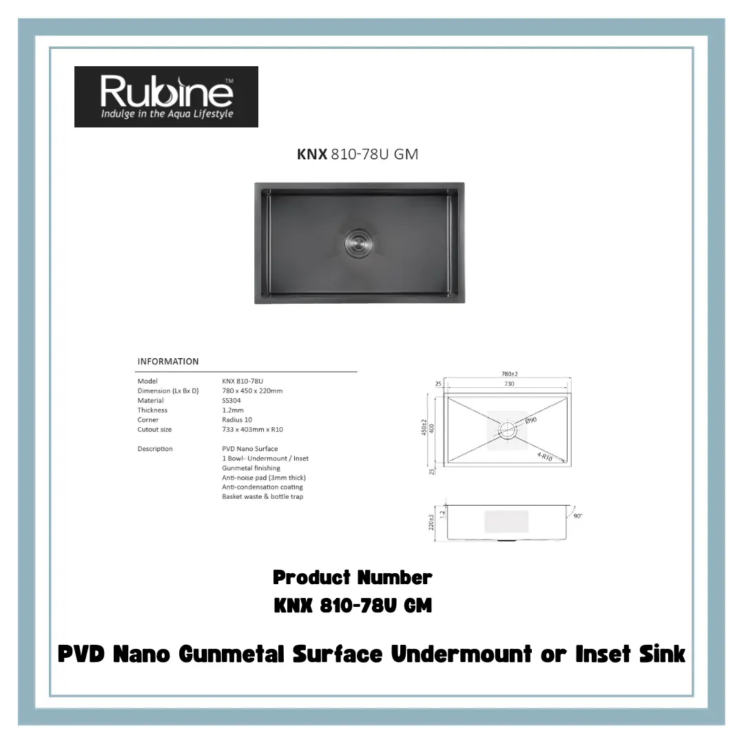 Rubine PVD Nano Coating Stainless Steel Kitchen Sink In Gunmetal 780MM