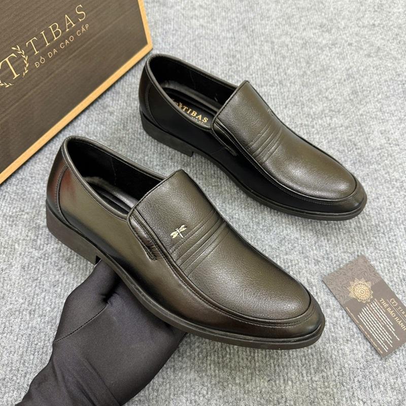 Giày Lười Da Nam Trung Niên Da Nguyên Tấm Đế Cao Su Khâu, Giày Nam Tăng Chiều Cao Có Hộp Làm Quà Tặng