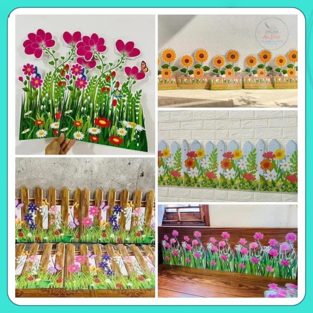 Hoa trang trí chân bảng, Ép plastic, sẵn băng keo dán tường Decor