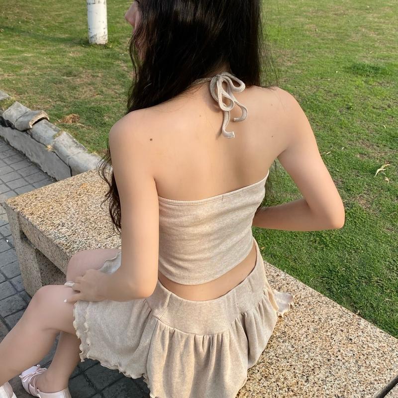 Set Áo Cột Đính Nơ Váy Cạp Trễ Y2K 2 Món Thun Gân Trơn Nữ Women 1