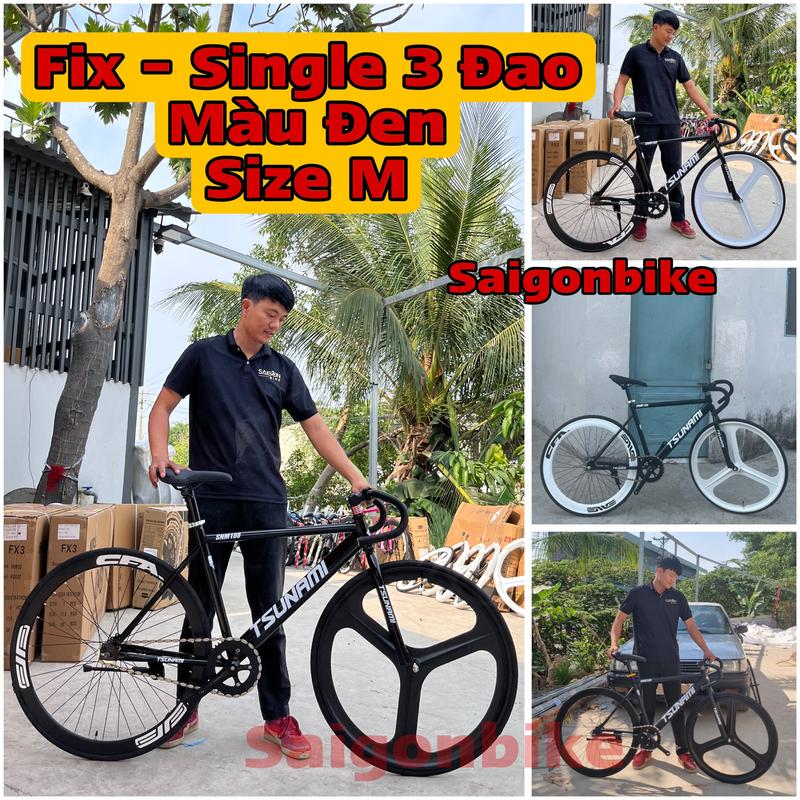 Xe Đạp Thể Thao Fixed Gear Và Single Speed Màu Đen- Vành Trước 3 Đao (Tặng Kèm Dây Strap Và Đồ Lắp)