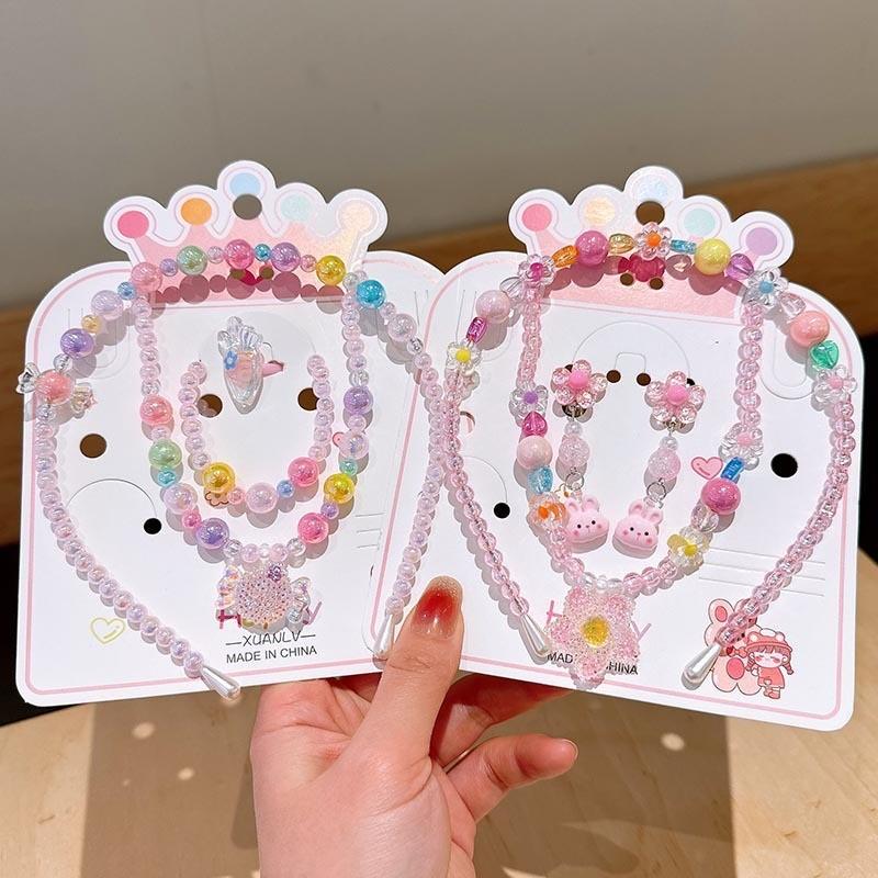Product Introduction of Children's Necklace Jewelry Set Colorful Beaded Bracelet Cartoon Hair Hoops Earrings Princess Girl Accessories 11