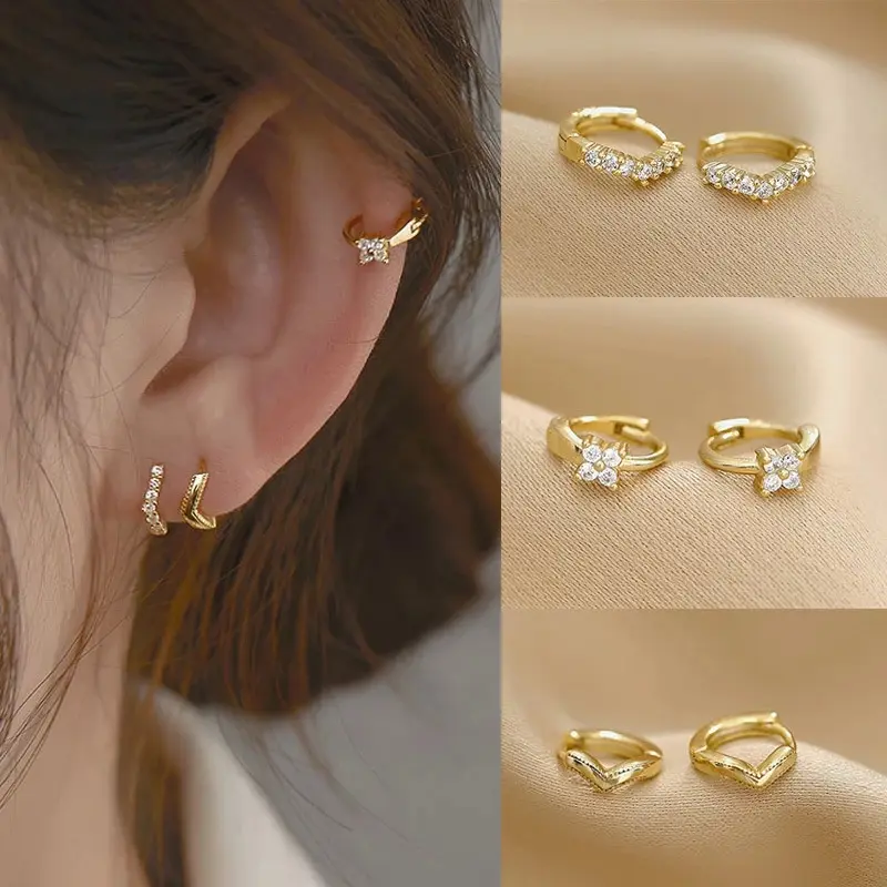 Mini Zircon Hoop Four Leaf Clover Earrings For Women 1 Pair Huggie Piercing Earings Cubic Zirconia Cartilage Earring Studs
