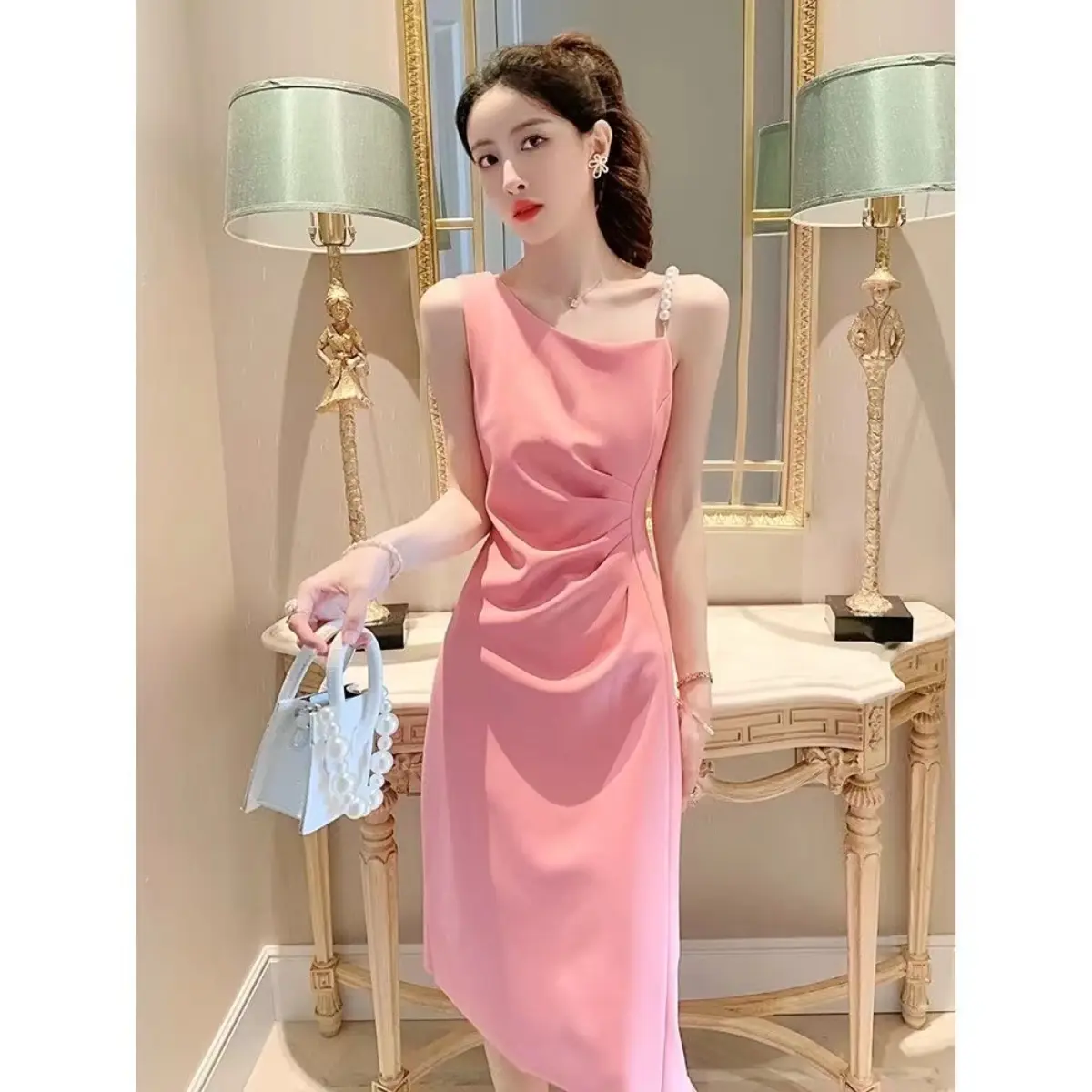 Váy Có Dây Đeo Màu Hồng Cho Nữ, Thiết Kế Cao Cấp, Phong Cách Pháp, Mới, Mùa Hè