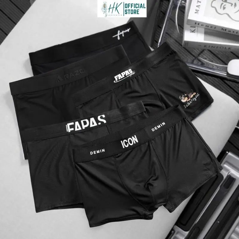 Quần Lót Nam Boxer Thun Lạnh Combo 5 Cái full đen , Quần Sịp Nam Đùi Thun Lạnh Cao Cấp Co Giãn 4 Chiều.