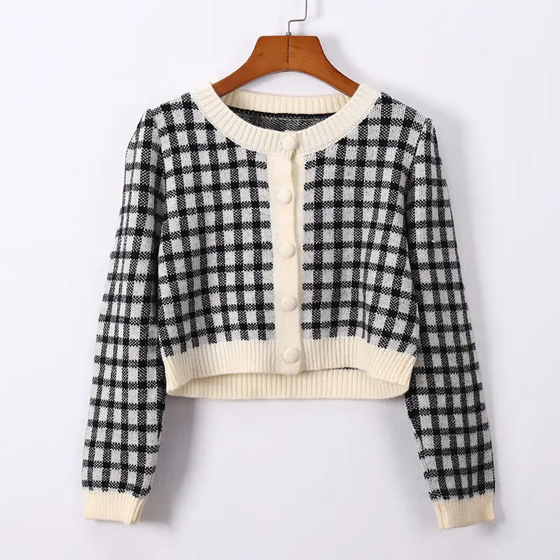 TELLY 079 Kardigan Cardigan Long Sleeve Knit Pakaian Wanita Cardigan Motif Kotak-Kotak Baju Kancing Lembut Panjang   Sweater Knitwear Atasan 1
