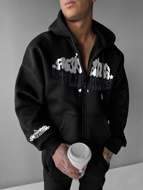 Unisex Letter Print Drawstring Zip Up Hoodie, Casual Long Sleeve Pocket Hooded Sweatshirt for Spring, Fashion Comfy Unisex Clothes for Daily Wear 2