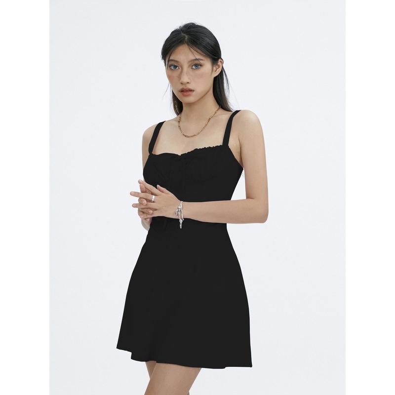 Product Introduction of SUPER-Women Summer Solid Color Tie-Up Fishbone Corset Waist Shaping Sleeveless Short Dress 44