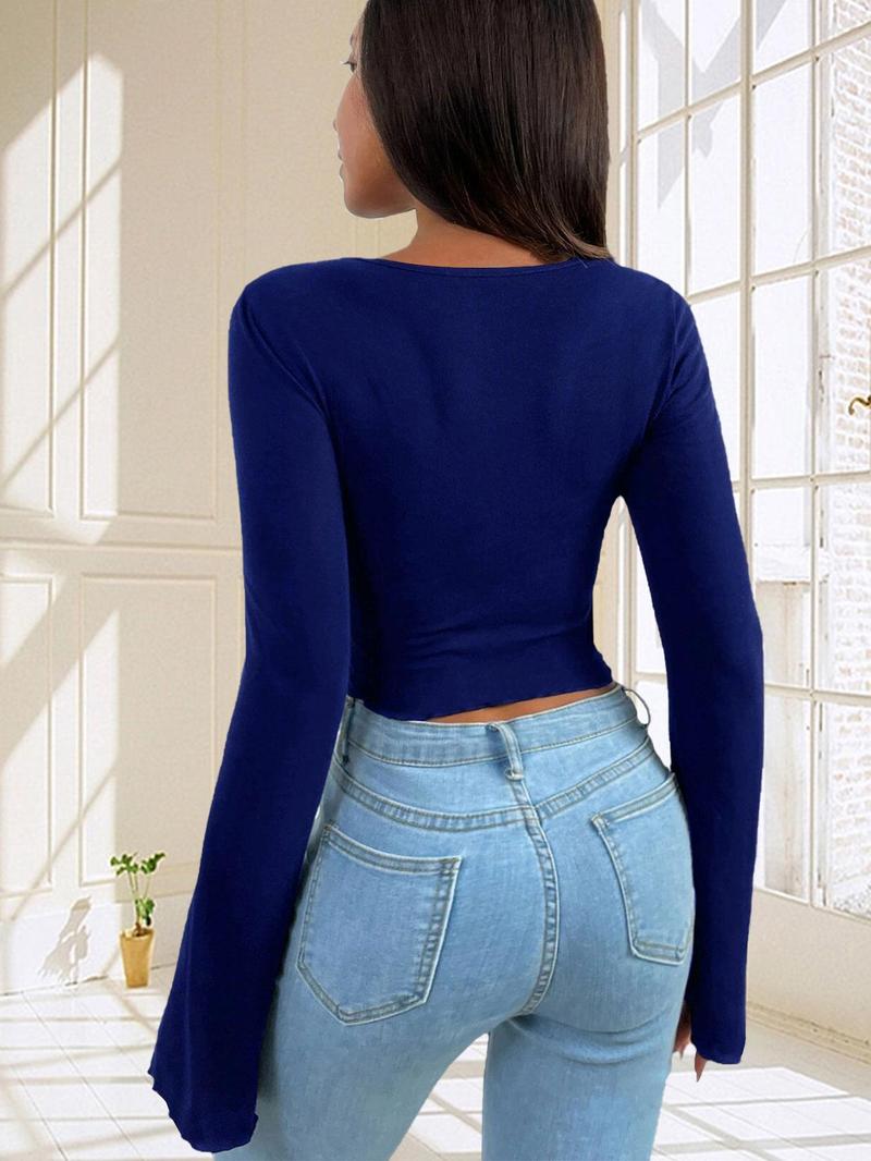 Product Introduction of Women's Plain High Low Lettuce Trim Flounce Sleeve Tee, Elegant Solid Sweetheart Neck T-shirt for Daily Vacation Party, T Shirt for Women, Casual Classy Ladies Knit Top for Spring & Fall Valentine's Day, Gift, Tops for Women 22