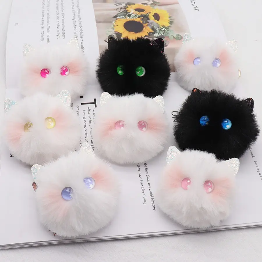 Fashion Fluffy Cat Animal Keychain for Women Cute Fur Pom Pom Ball Glitter Plush Key Chain Handbag Car Keyrings Charm Jewelry