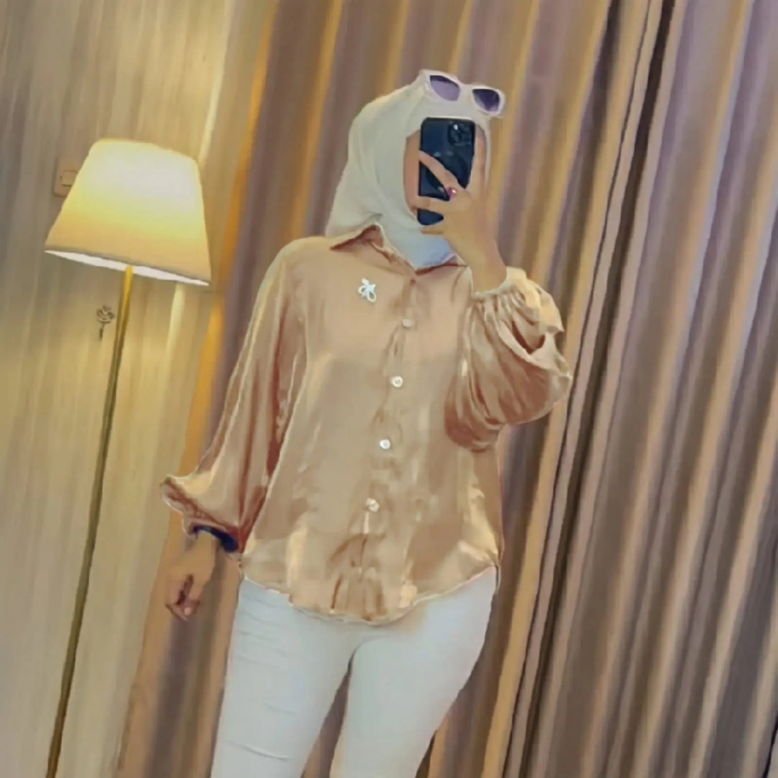 Thalia kemeja shimmer atasan polos glitter lengan balon Jumbo size M - 2XL Cantik Formal Katun Motif Panjang Silk Wanita