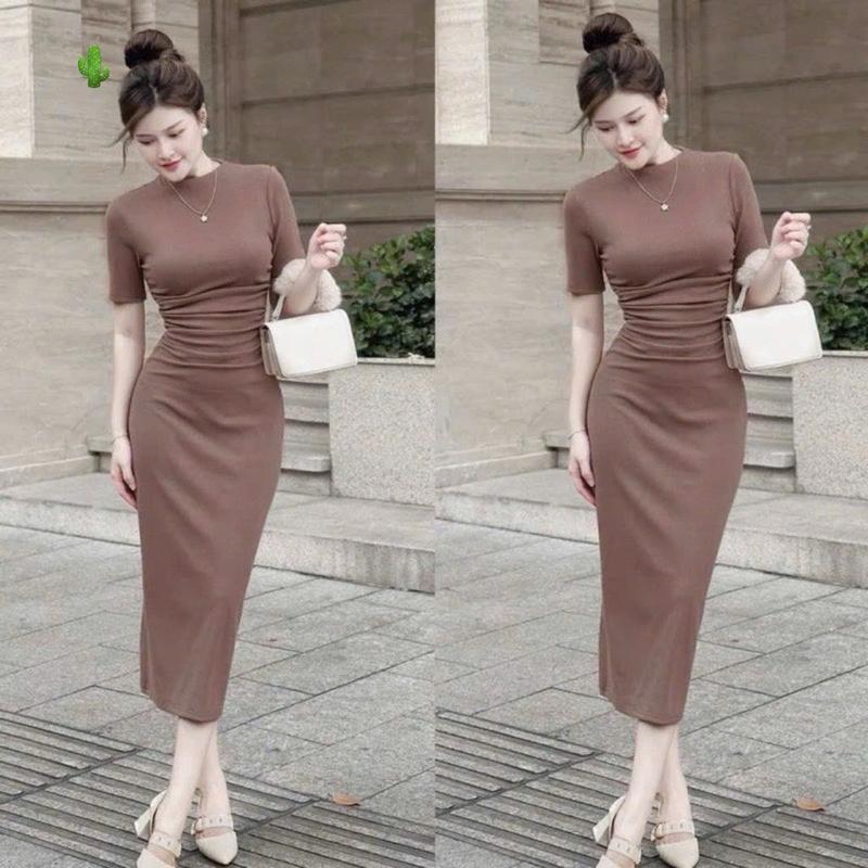 (Đủ size từ S đến Xl)Đầm body dài nhún eo nữ tính nhẹ nhàng thanh lịch Women Voi Dress