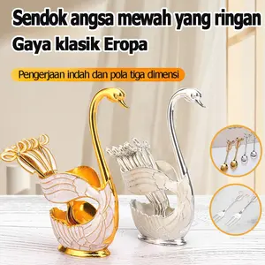 Set teh sore gaya angsa, sendok dan garpu pencuci mulut Eropa, bahan logam poles, 6 sendok/garpu + dudukan angsa, tersedia warna emas dan perak