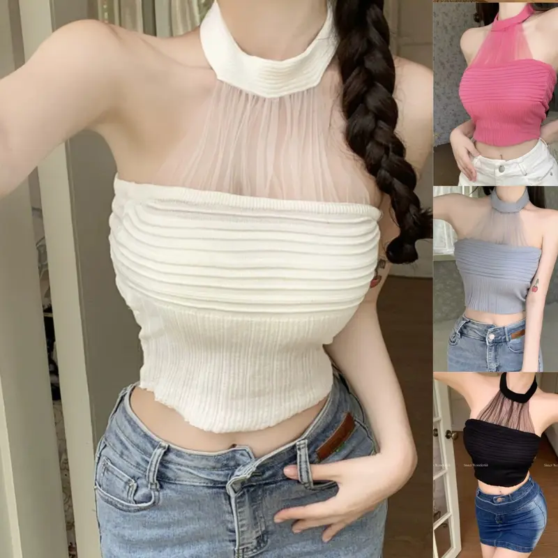 Áo Yếm Cổ Yếm, Khâu Lưới Quý Cô, Áo Mùa Hè Cho Nữ, Áo Sơ Mi Gợi Cảm, Áo Ngắn, Áo Sơ Mi Thời Trang Mới 1