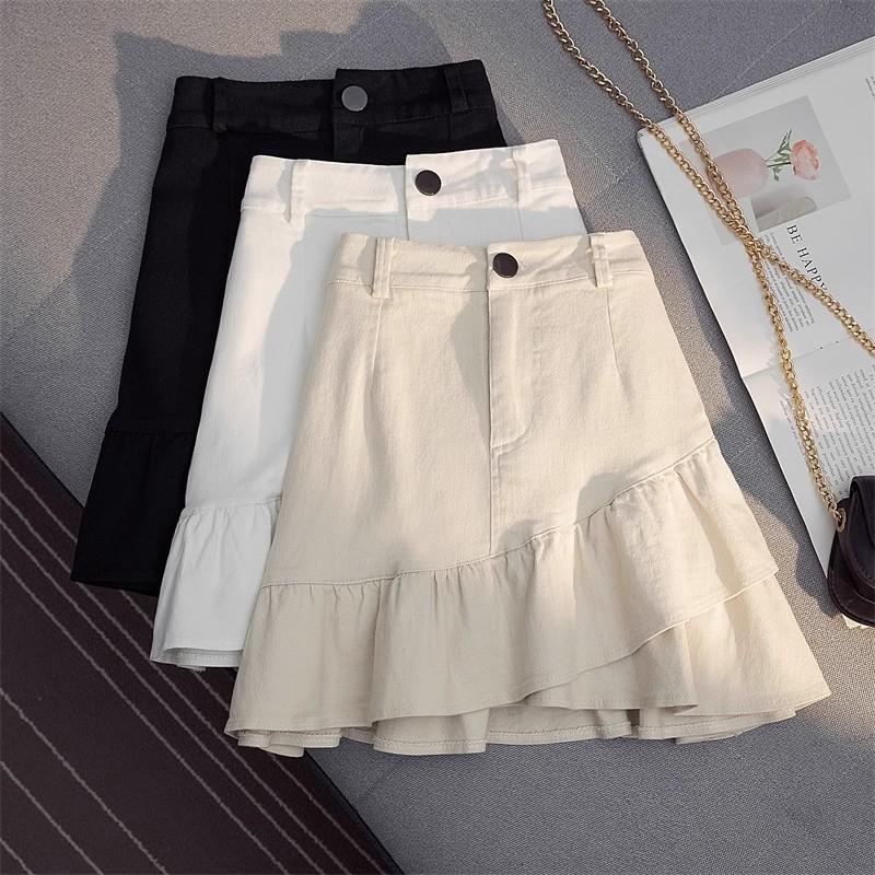 Chân Váy Chữ A, Ngoại Cỡ, Dành Cho Nữ, Chân Váy Denim Trắng, Xếp Ly Bất Đối Xứng Chân Váy Ngắn Cạp Cao Hàng Mới Về Mùa Xuân Hè, Chống Lộ 0