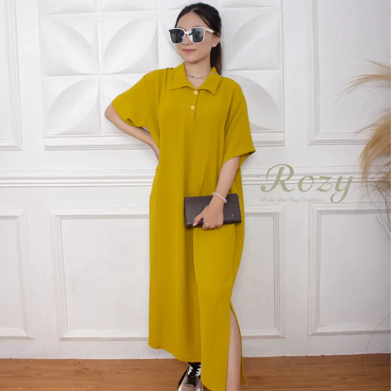 Rozy - Long Dress Button Cringkel Baju Midi Casual Panjang Wanita Gaun Hitam Simple Baju Pesta Pendek 6