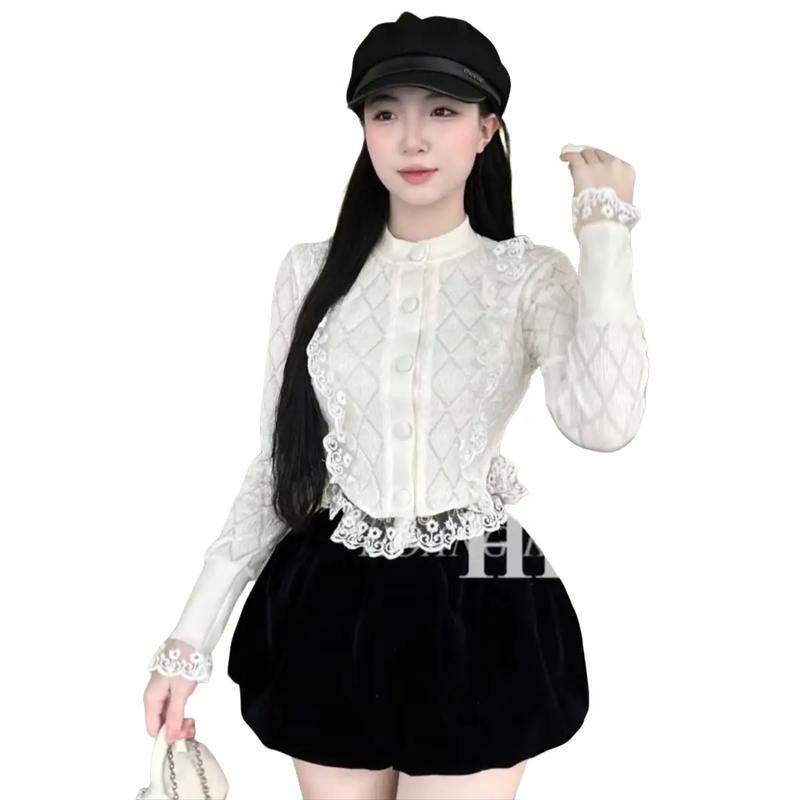 Set bộ áo len xốp phối viền ren bèo mix quần sooc nhung bí phom chuẩn xinh tiểu thư  Top Women botieuthu