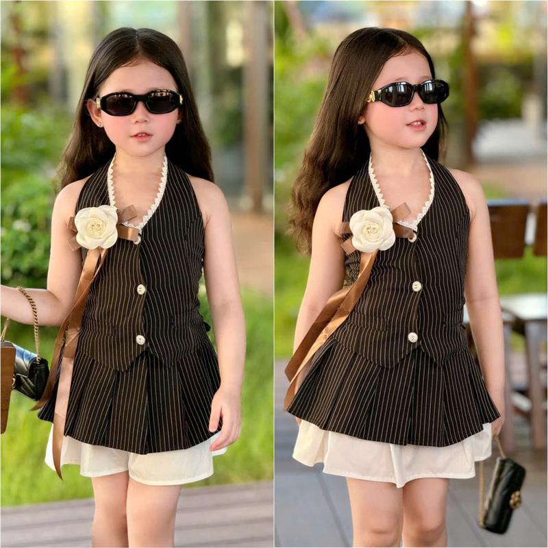 [BỤNG LỚN TĂNG SIZE] Stripe Petal Set - Set áo cổ yếm đính hoa trà phối chân váy xếp li 2 lớp hoạ tiết sọc sành điệu cho bé gái set đồ