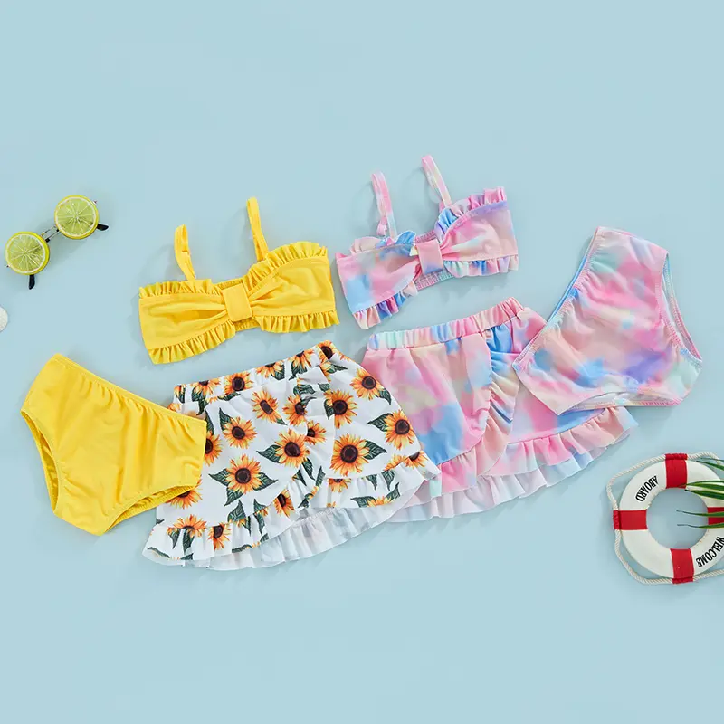 Kids Toddler Girl 9 12 18 24 Months 2-4 Years Old Kid Swimsuits and Cover-up Summer Floral/ Tie Dye Print Camisole Bra Elastic Shorts and Ruffle Skirt Set