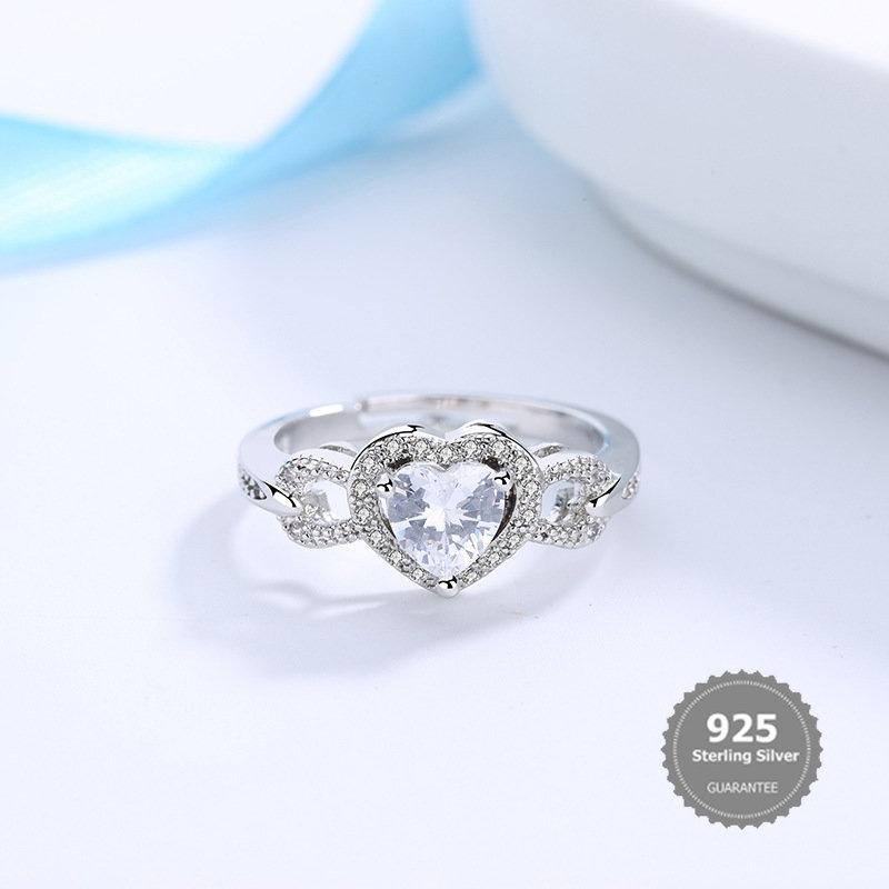 S925 Silver Heart-Shaped Diamond Ring Opening Bilateral Diamond Ring 2