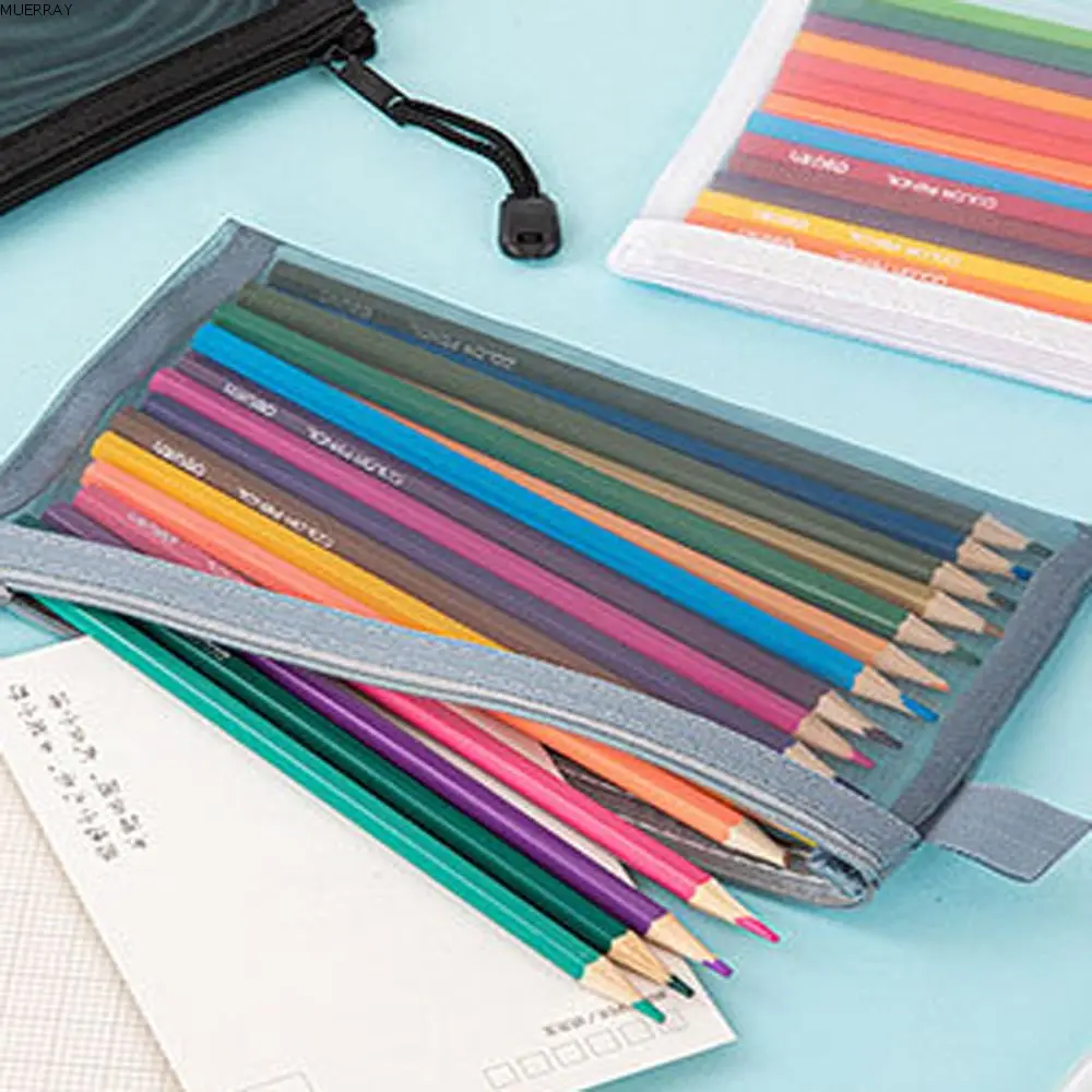 Hộp Đựng Bút Chì Nylon Trong Suốt, MUERRAY, Màu Trơn Có Khóa Kéo, Túi Văn Phòng Phẩm Trong Suốt, Túi Trang Điểm, Hộp Đựng Du Lịch, Túi Lưới Đựng Mỹ Phẩm, Thích Hợp Cho Học Sinh, Thời Trang