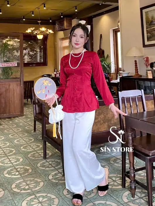 Nguyên bộ bà ba cổ tròn đính cúc ngọc áo lụa xước quần lụa satin tay dài-SÍN STORE-L06 8