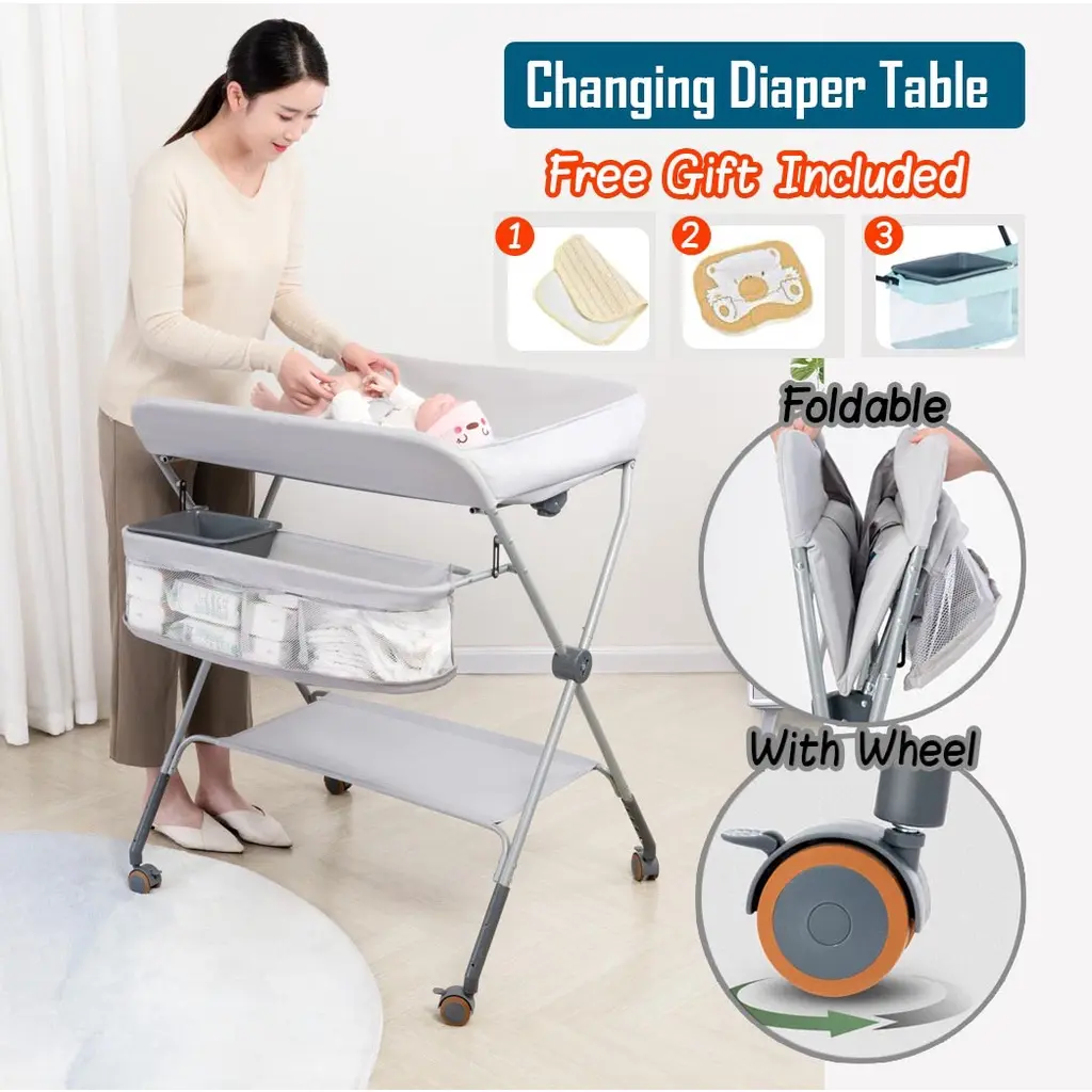 [Ready Stock] Adjustable Height Baby Folding Changing Table Station with Wheels