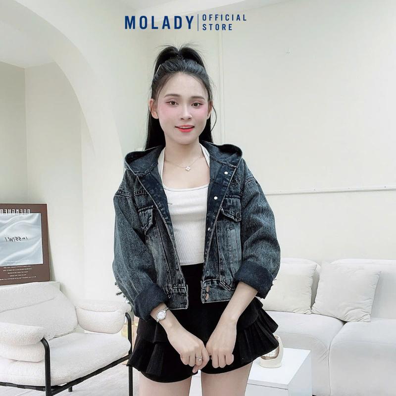 Áo Khoác Jean Nữ MOLADY K26 Thiết Kế Gấu Thêu Sau Có Nón Top Jacket Cotton