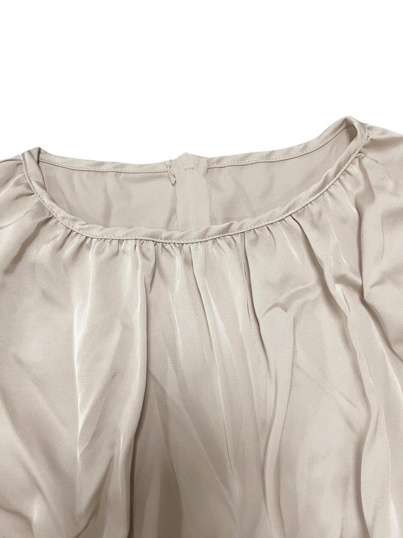 Product Introduction of Women's Plain Ruched Pleated A Line Dress, Elegant Bishop Sleeve Round Neck Long Dress for Party Holiday Wedding Guest, Ladies Spring & Fall Clothes 8