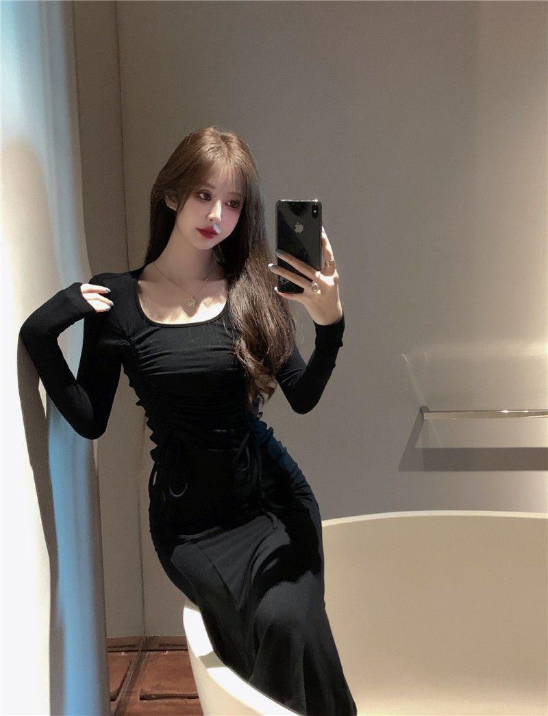 Product Introduction of Black square neck long sleeved dress for women, Korean style fashion solid color Retract your waist Wrap the buttocks casual fish tail mid length skirt 1