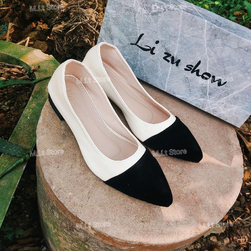 Giày búp bê nữ phối màu da mềm gót 2p Phom 1.5 chân gày giảm 1 size