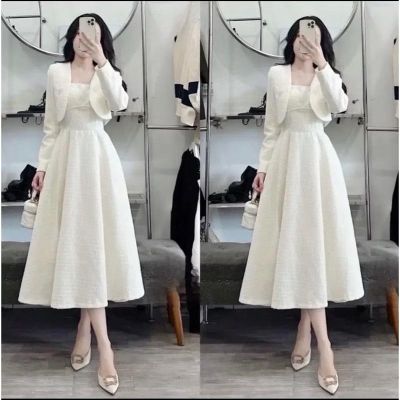  Set dạ váy 2 dây kèm áo khoác chạy viền Ngọc cao cấp kèm tag đá LT68 