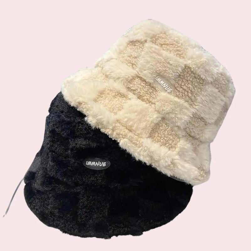  Mũ Bucket lông cừu dày dặn ấm áp mùa thu đông Mũ xô vành rộng phủ lông màu trơn giữ ấm chống gió cho Nam nữ Voi Cao Su 