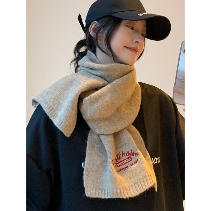 Embroidered Brown with Letters with Woolen Knitting Scarf Winter Girls 2023 New High-Grade Korean Style All-Match Scarf 0