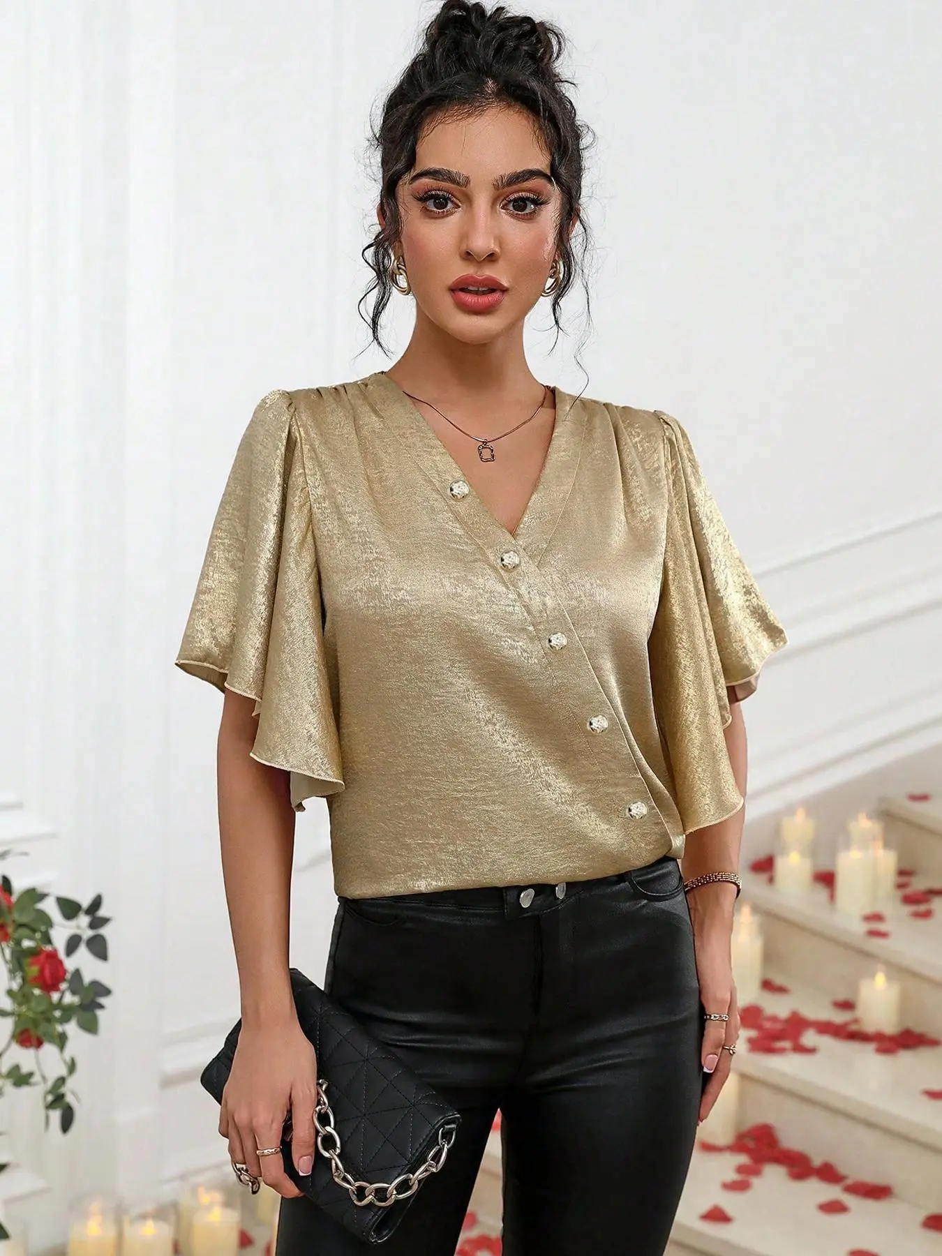 Women's Glitter Butterfly Sleeve Blouse, Elegant Half  Sleeve Top for Party Holiday Wedding Guest, Ladies Summer Clothes