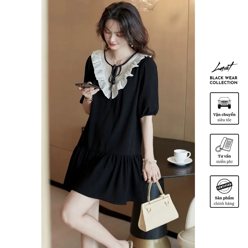 Váy đuôi cá phối cổ trắng thắt nơ LUST - TX03, phong cách thanh lịch, tiểu thư phong cách thời trang Hàn Quốc thời trang dạo phố hiện đại 1