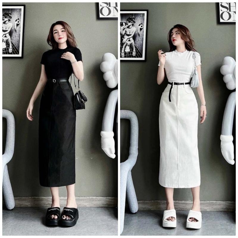  Set áo ôm borip mix chân váy kaki dáng dài phối nịt với 2 tone màu đen trắng xinh xắn nữ tính dành các nàng diện đi chơi hẹn hò cafe 