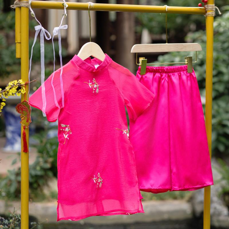 Áo dài tơ thêu 4 màu sắc nét + bờm ngọc (11-30kg) 7
