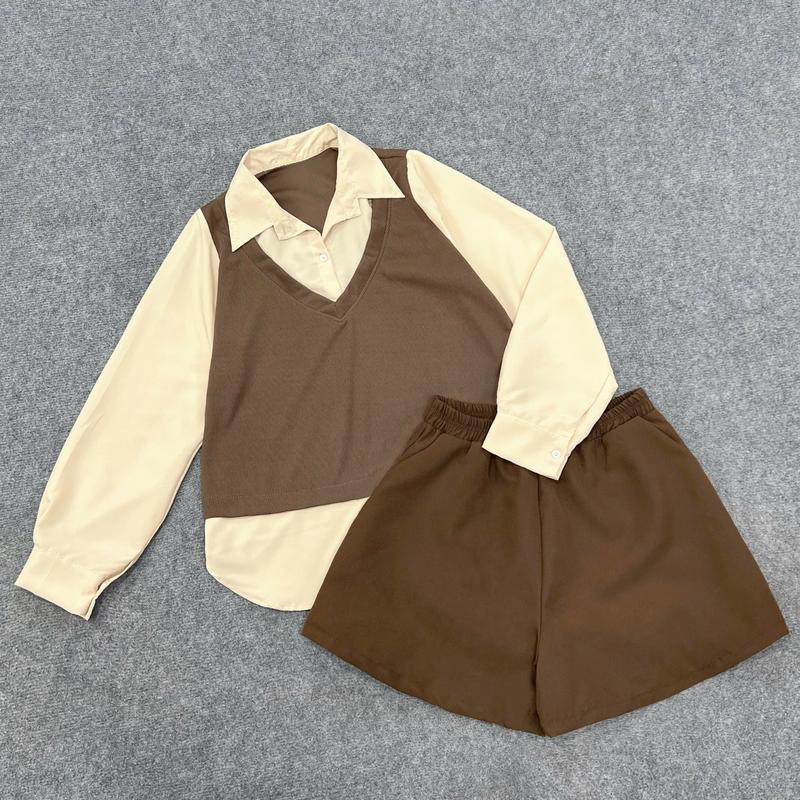 Set đồ bigsize nữ áo sơ mi trắng phối ghi lê chất ruby kèm quần đùi ống rộng lưng thun vải tây - SET944