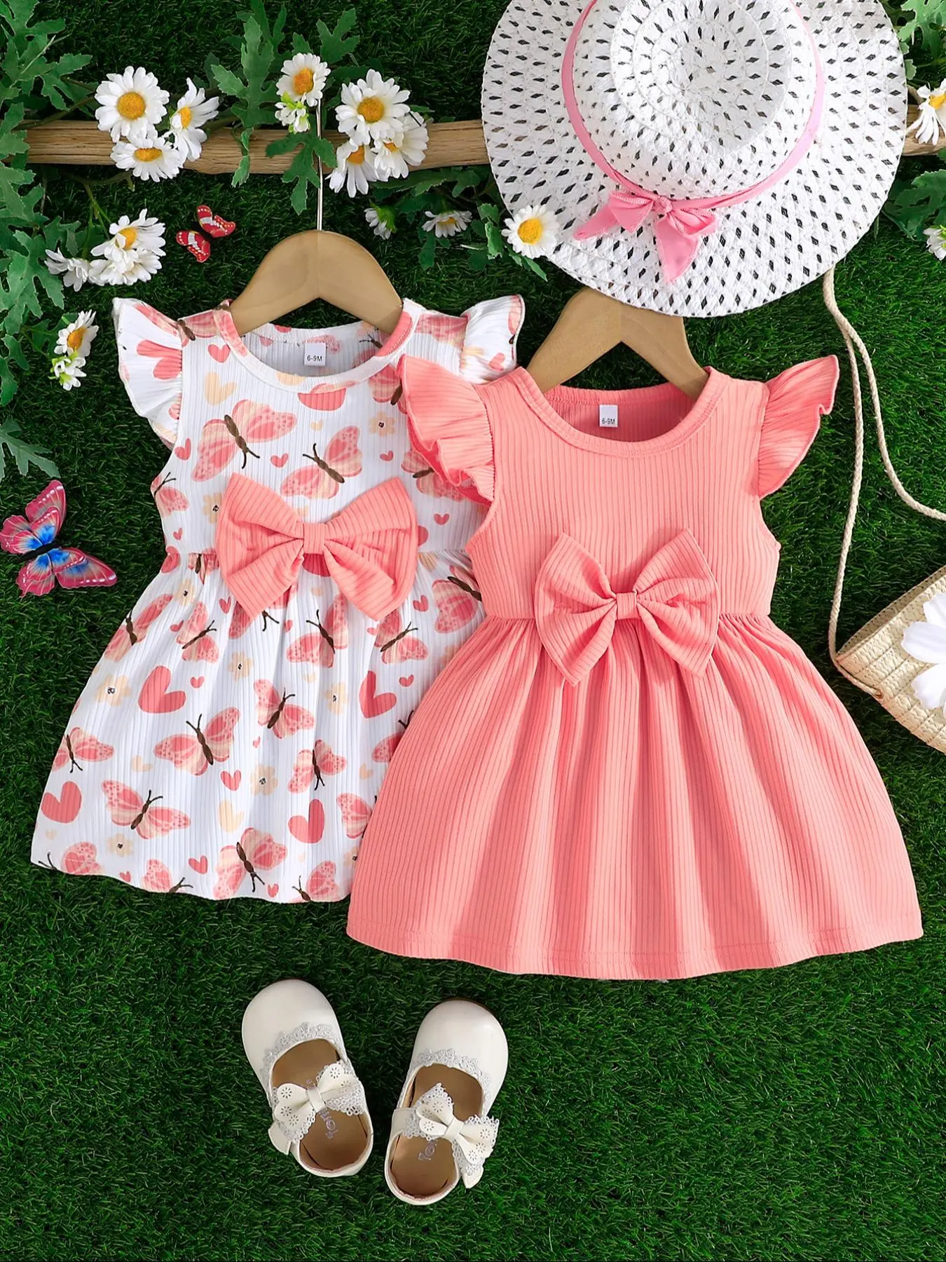 Baby Girl's Plain/butterfly Print Bow Decor Dress, Cute Casual Butterfly Sleeve Crew Neck Dress for Summer, Newborn Infant Kids Clothes for Daily Wear, Baby Clothes