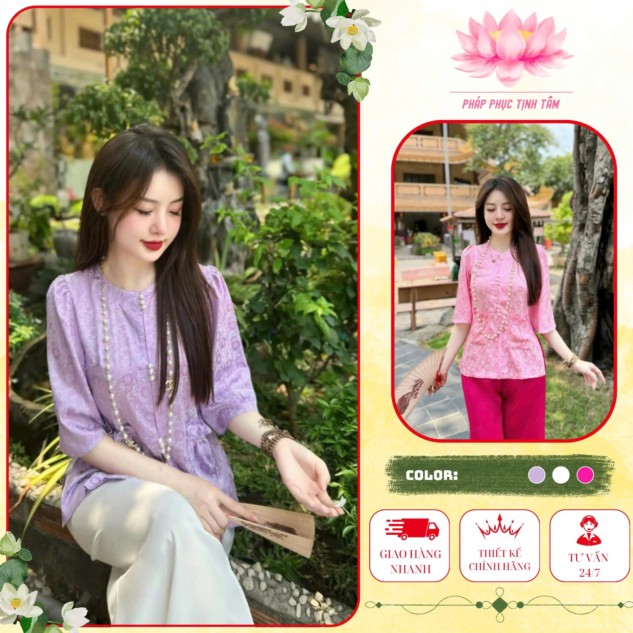 Tịnh Tâm 13- Set Lụa Gấm Tô Châu Lụa Gấm Cao Cấp Cổ Tròn Túi Tiền Đính Ngọc Siêu Xinh Phù Hợp Đi Lễ Chùa Kem Áo Women Top