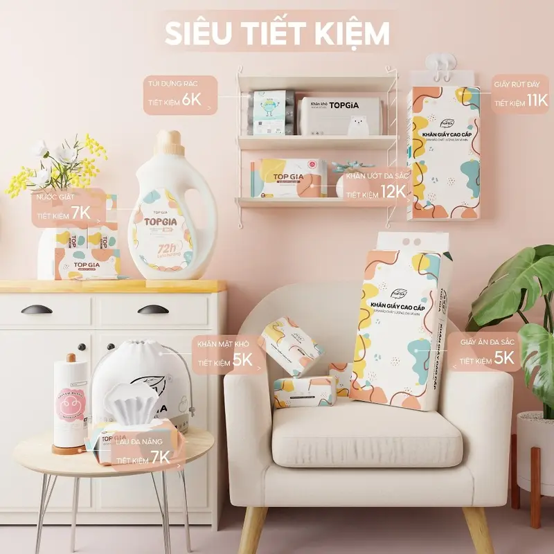 Thùng 8 bịch khăn giấy treo tường Top Gia đa sắc làm từ 100% bột gỗ nguyên sinh 6