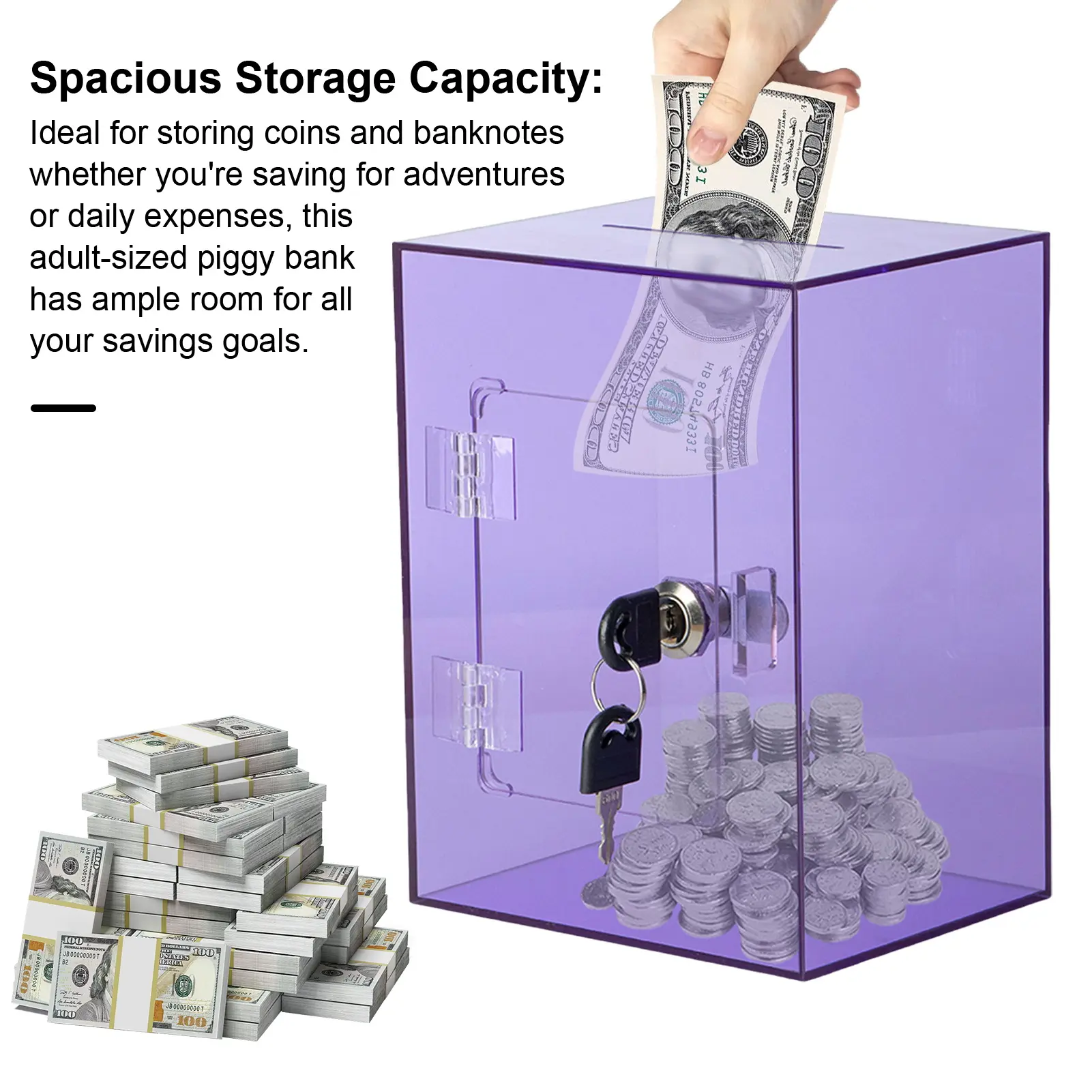 Piggy Bank Akrilik Jelas, Guwihy, dengan Kunci, Sesuai untuk Kanak-kanak dan Dewasa, Kotak Simpanan Wang, Kapasiti Besar, Boleh Dibuka, Balang Simpanan Lutsinar, Bekas Tunai Syiling