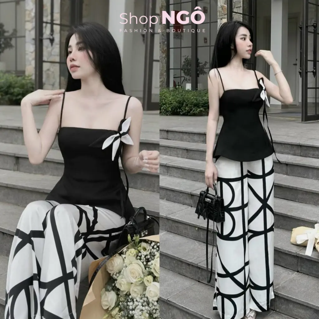 Set thời trang nữ mặc đi chơi,du lich biển,áo đen hai dây có mút  phối quần suông hoạ tiết chất lụa siêu đẹp sang trong