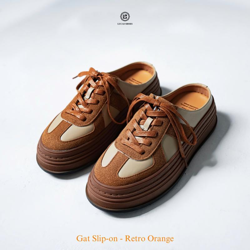 Giày Sục Gat Slip On Retro Orange Lucas Shoes, Da bò thật, đế cao su 4.5cm, tiện lợi, thoải mái